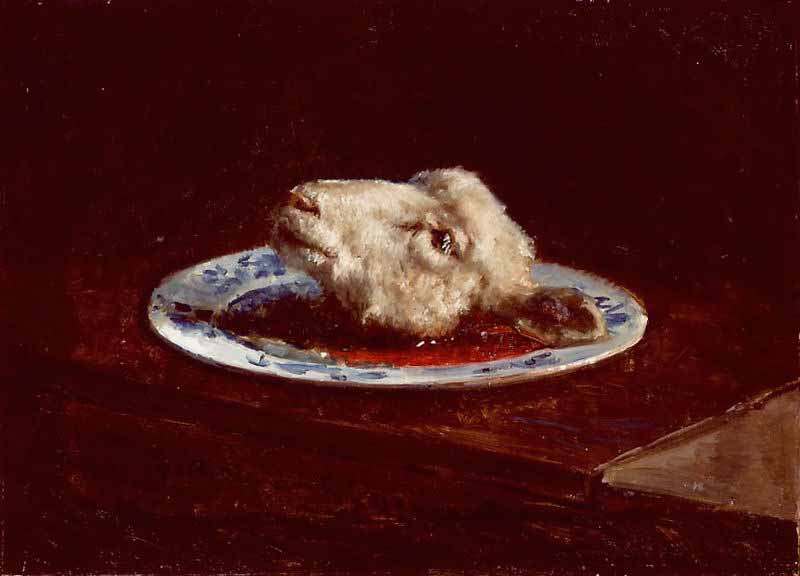 A lambs head on a plate